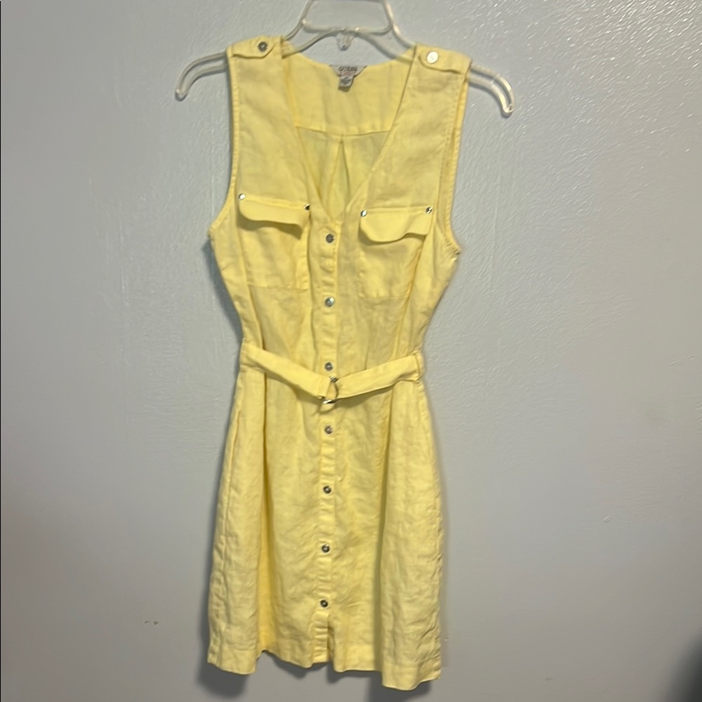Guess Butter Yellow Sleeveless Button Up Short Sundress with Belt